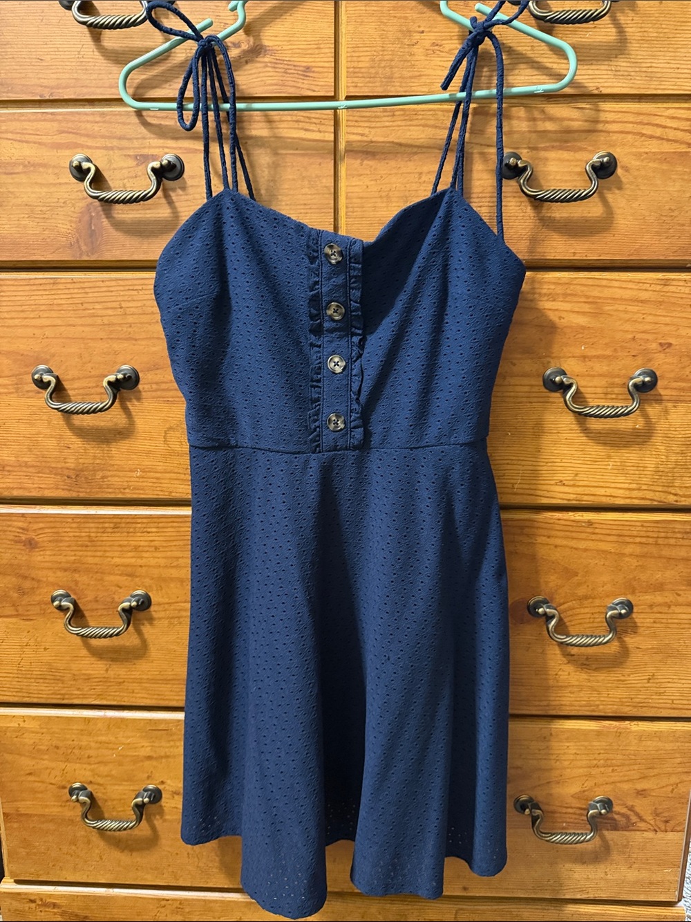 Speechless Navy Blue Eyelet Mini Dress with Button Front